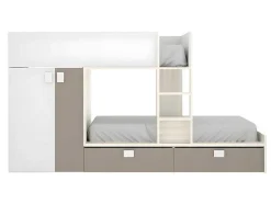 Stapelbed Juanito Met Ingebouwde Kast En Opbergruimte - 2X90X190Cm - Wit, Eiken En Taupe