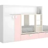 Stapelbed Met Ingebouwde Kast En Opbergruimte 2X90X190Cm - Wit, Eiken En Roze + Matras -Juanito