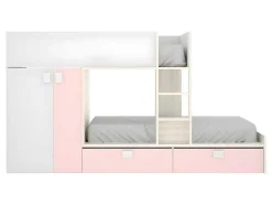 Stapelbed Met Ingebouwde Kast En Opbergruimte 2X90X190Cm - Wit, Eiken En Roze + Matras -Juanito