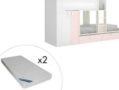 Stapelbed Met Ingebouwde Kast En Opbergruimte 2X90X190Cm - Wit, Eiken En Roze + Matras -Juanito