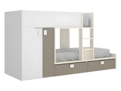 Stapelbed Met Ingebouwde Kast En Opbergruimte 2X90X190Cm - Wit, Eiken En Taupe + Matras - Juanito