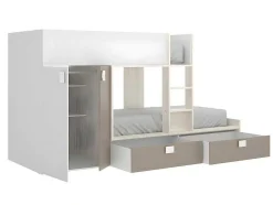 Stapelbed Met Ingebouwde Kast En Opbergruimte 2X90X190Cm - Wit, Eiken En Taupe + Matras - Juanito