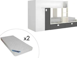 Stapelbed Met Ingebouwde Kast 2 X 90 X 190 Cm - Wit, Eiken En Antraciet + Matras - Juanito