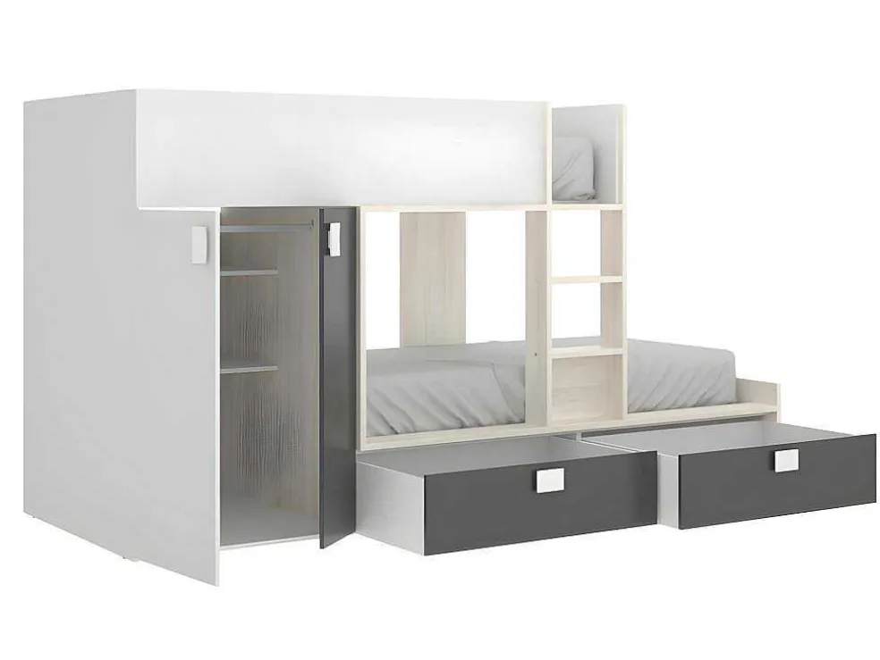 Stapelbed Met Ingebouwde Kast 2 X 90 X 190 Cm - Wit, Eiken En Antraciet + Matras - Juanito