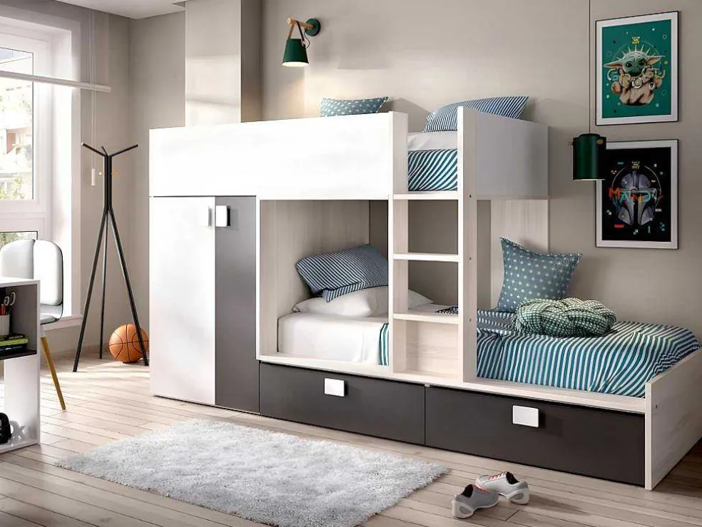 Stapelbed Met Ingebouwde Kast 2 X 90 X 190 Cm - Wit, Eiken En Antraciet + Matras - Juanito