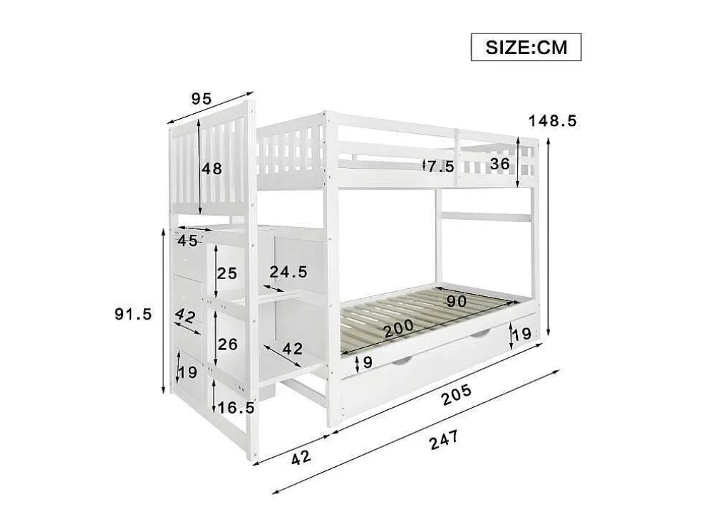 Stapelbed Met Onderschuifbed - Massief Grenenhout - 3X90X200 Cm - Opbergtrap Met 4 Lades - Veiligheidsbarrieres - Wit