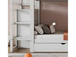 Stapelbed Met Onderschuifbed - Massief Grenenhout - 3X90X200 Cm - Opbergtrap Met 4 Lades - Veiligheidsbarrieres - Wit