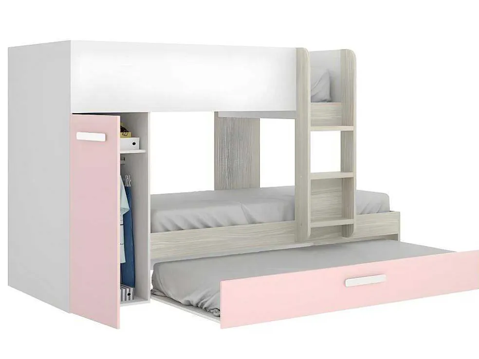 Stapelbed Met Opbergruimtes 3 X 90 X 190 Cm - Wit, Naturel En Roze - Met Matras - Anthony