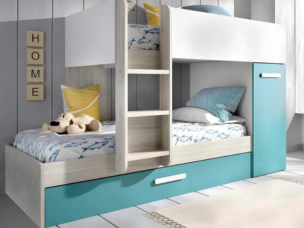 Stapelbed Met Slaaplade En Opbergruimtes 3 X 90 X 190 Cm - Wit, Naturel En Blauw - Met Matras - Anthony