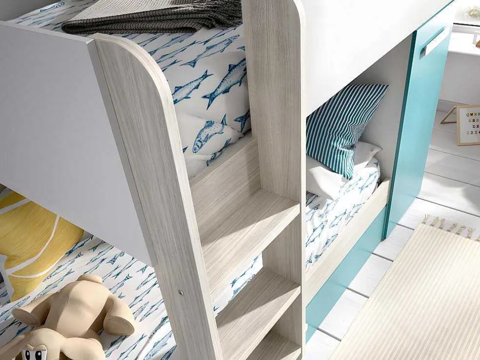 Stapelbed Met Slaaplade En Opbergruimtes 3 X 90 X 190 Cm - Wit, Naturel En Blauw - Anthony