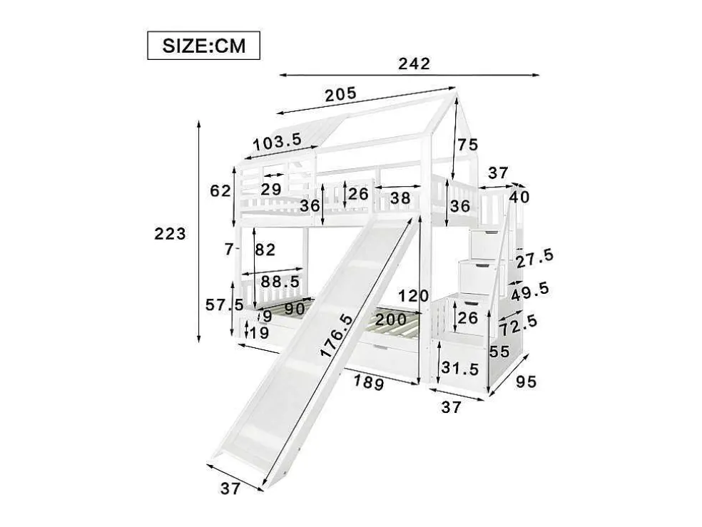 Stapelbed 90X200Cm - Grenenhout En Mdf Structuur - Met Glijbaan En Opbergtrap - Een Grote Lade Onder Het Bed - Wit