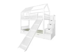 Stapelbed 90X200Cm - Grenenhout En Mdf Structuur - Met Glijbaan En Opbergtrap - Een Grote Lade Onder Het Bed - Wit