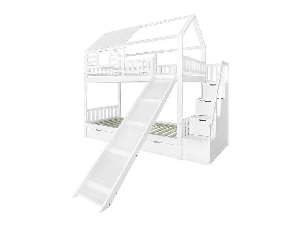 Stapelbed 90X200Cm - Grenenhout En Mdf Structuur - Met Glijbaan En Opbergtrap - Een Grote Lade Onder Het Bed - Wit