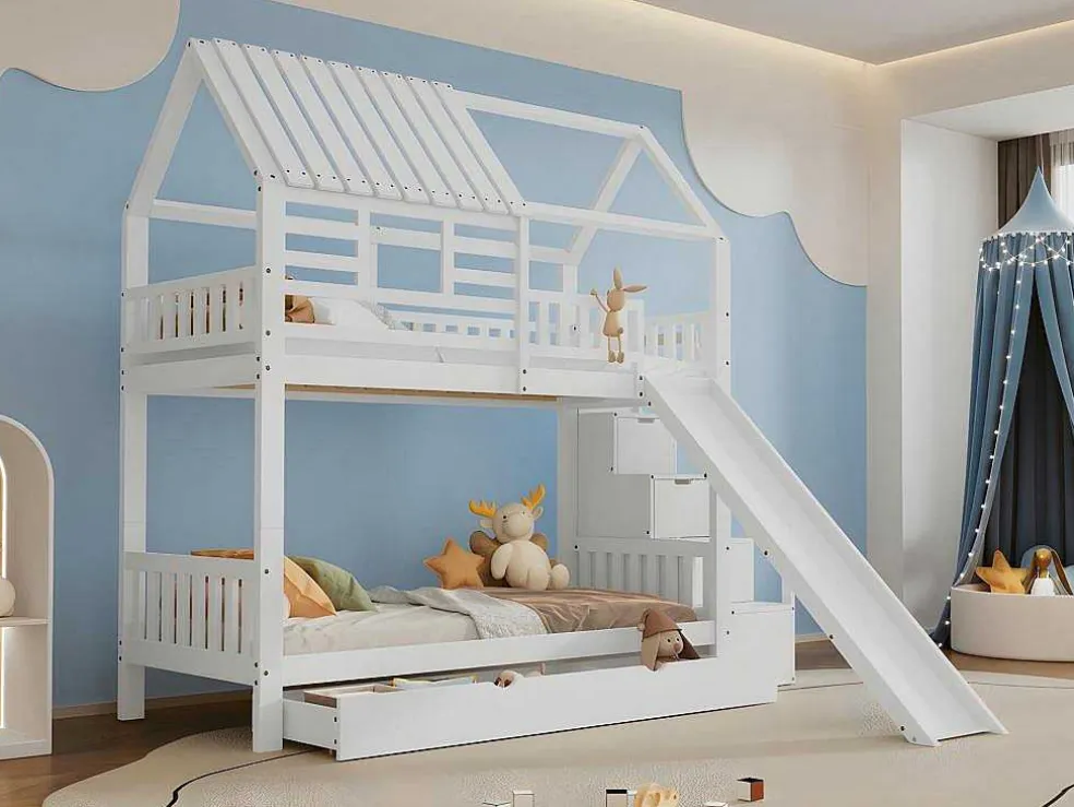 Stapelbed 90X200Cm - Grenenhout En Mdf Structuur - Met Glijbaan En Opbergtrap - Een Grote Lade Onder Het Bed - Wit