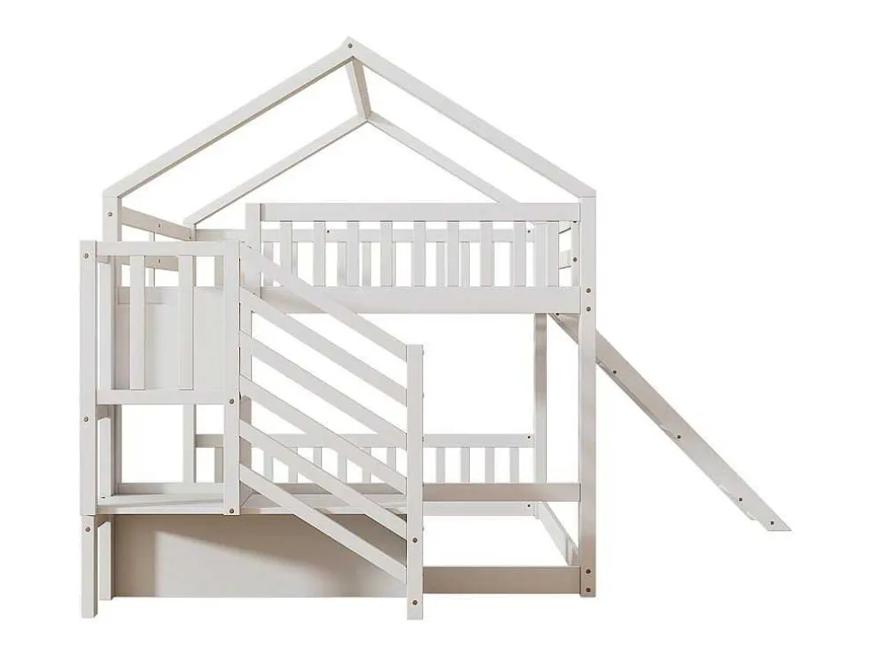 Stapelbedden 140 X 200 Cm - Mdf Hout - Opbergtrap En Glijbaan - Wit