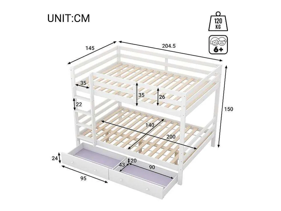Stapelbedden 140 X 200 Cm Met 2 Grote Lades - Leuning En Trap - Mdf Hout - Grijs