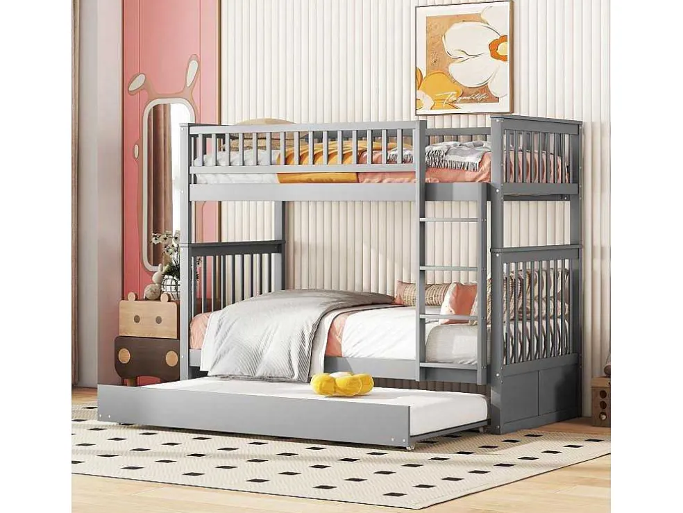 Stapelbedden 2 X 90 X 200 Cm + Onderschuifbed 90 X 190 Cm - Mdf Hout - Grijs - Anthony