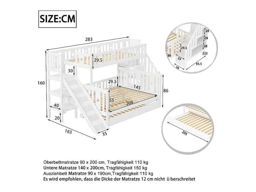 Stapelbedden Met Glijbaan En Planken, Onderschuifbed - 2 X 90 X 200 Cm + 140 X 200 Cm - Wit - Anthony