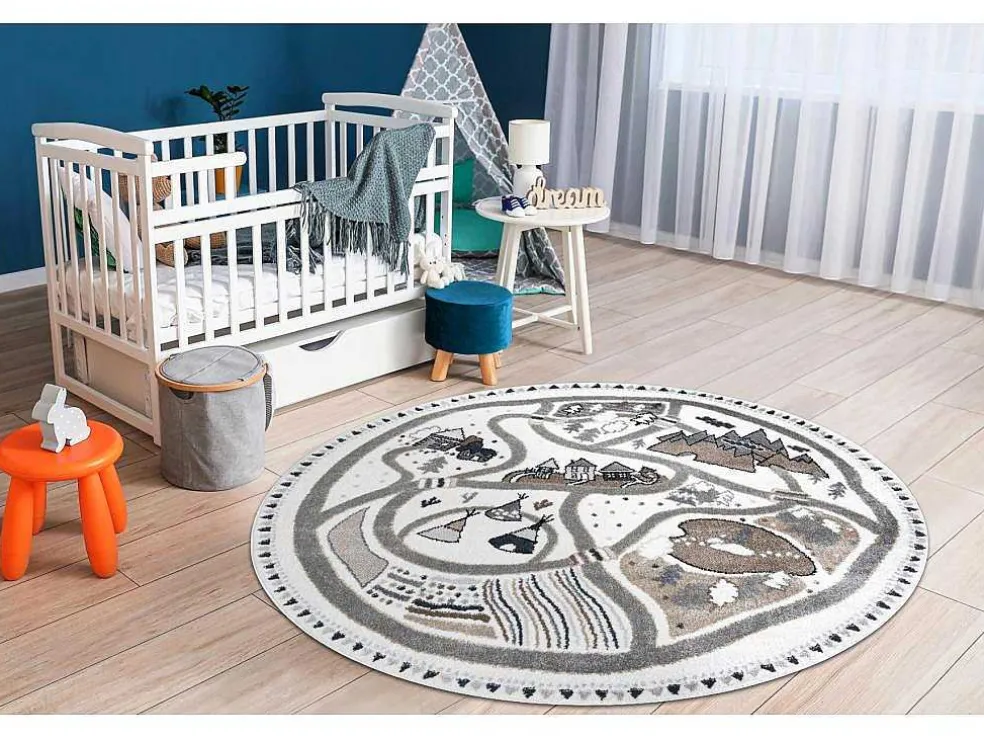Tapijt Fun Land Voor Kinderen, Dorp, Straten, Wiel - Creme Cercle 140 Cm