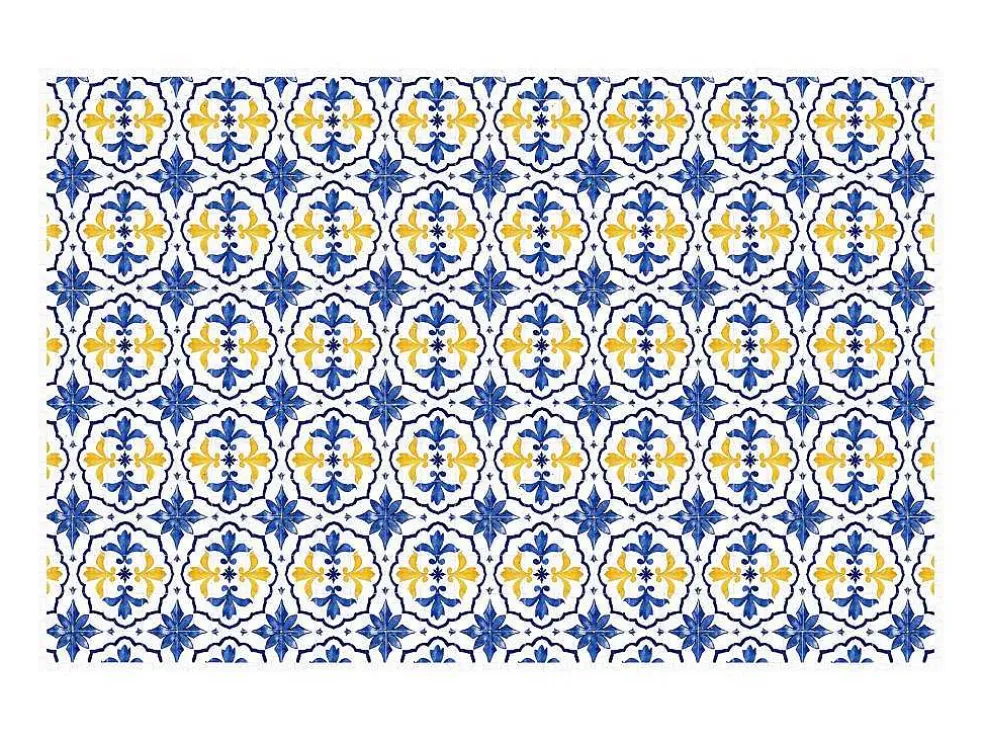 Tapijt Van Vinyl Met Cementtegeleffect - 120 X 180 Cm - Blauw En Geel - Florili