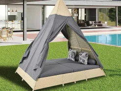 Tuinbed - Rotan Tent Voor 2 Personen - Met Gordijn En Kussens - Beige