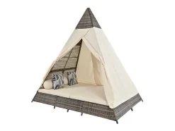 Tuinbed - Rotan Tent Voor 2 Personen - Met Gordijn En Kussens - Grijs