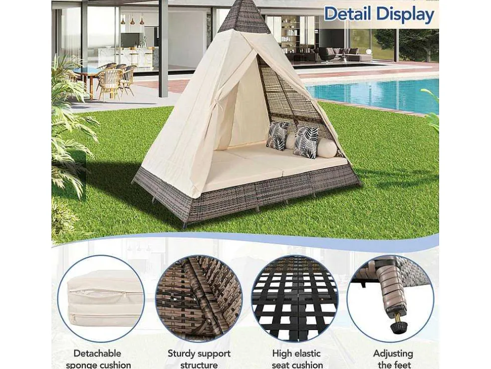 Tuinbed - Rotan Tent Voor 2 Personen - Met Gordijn En Kussens - Grijs