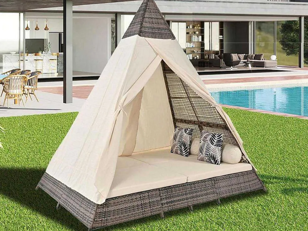 Tuinbed - Rotan Tent Voor 2 Personen - Met Gordijn En Kussens - Grijs