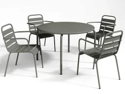 Tuineethoek Van Metaal - Een Tafel D110 Cm En 4 Opstapelbare Fauteuils - Donkergrijs - Mirmande