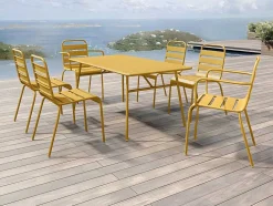 Tuineethoek Van Metaal - Een Tafel D160 Cm Met 2 Opstapelbare Fauteuils En 4 Opstapelbare Stoelen - Mosterdgeel - Mirmande Van Mylia