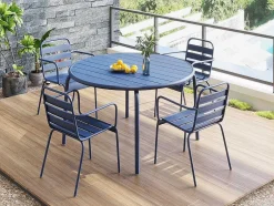 Tuineetset Mirmande: Tafel D.110 Cm Met 4 Opstapelbare Fauteuils - Metaal - Nachtblauw