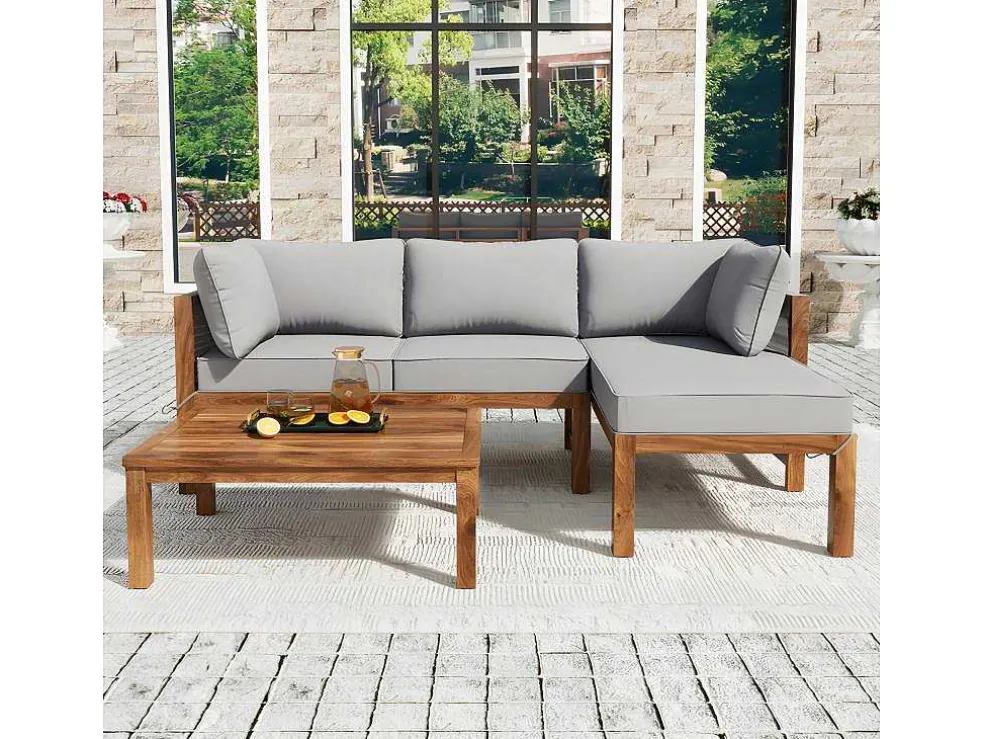 Tuinmeubelen In Acaciahout En Grijs Touw - 2 Zitbanken En 1 Salontafel - Verstelbare Poten - Grijs & Naturel