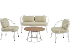 Tuinzithoek Van Metaal: 1 Tweezitsbank, 2 Fauteuils En 1 Salontafel - Wit - Arlesan