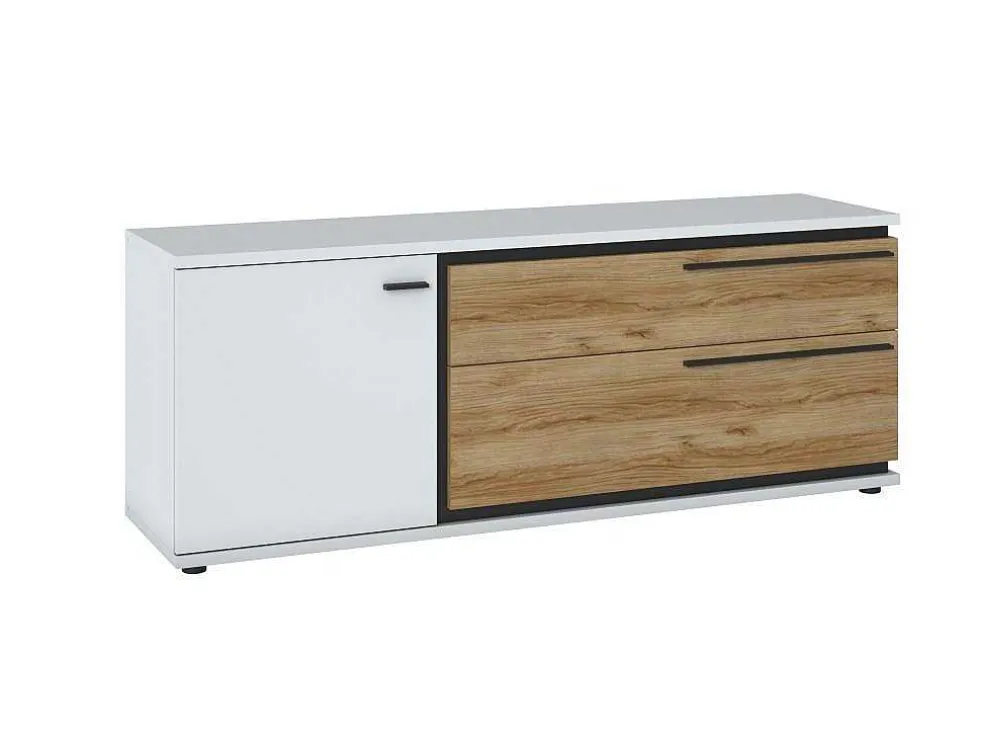 Tv-Meubel Met 1 Deur En 2 Laden - Naturel En Wit - Nisuka