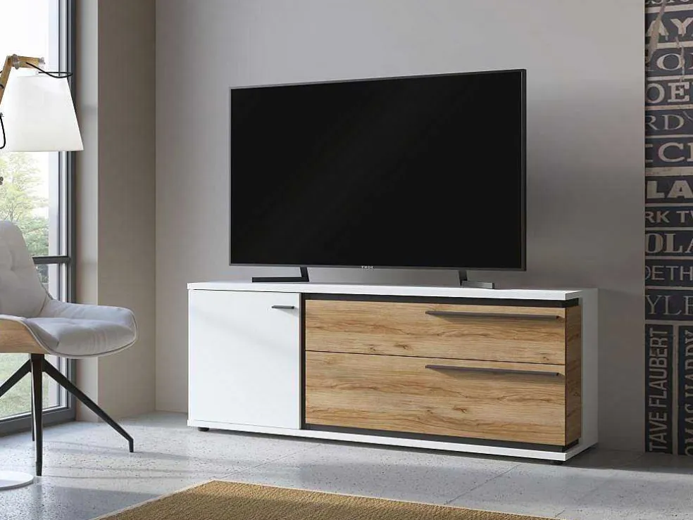 Tv-Meubel Met 1 Deur En 2 Laden - Naturel En Wit - Nisuka