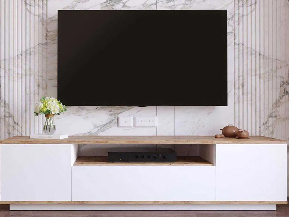 Tv-Meubel Met 3 Deuren En 1 Nis - Wit En Naturel - Lotula