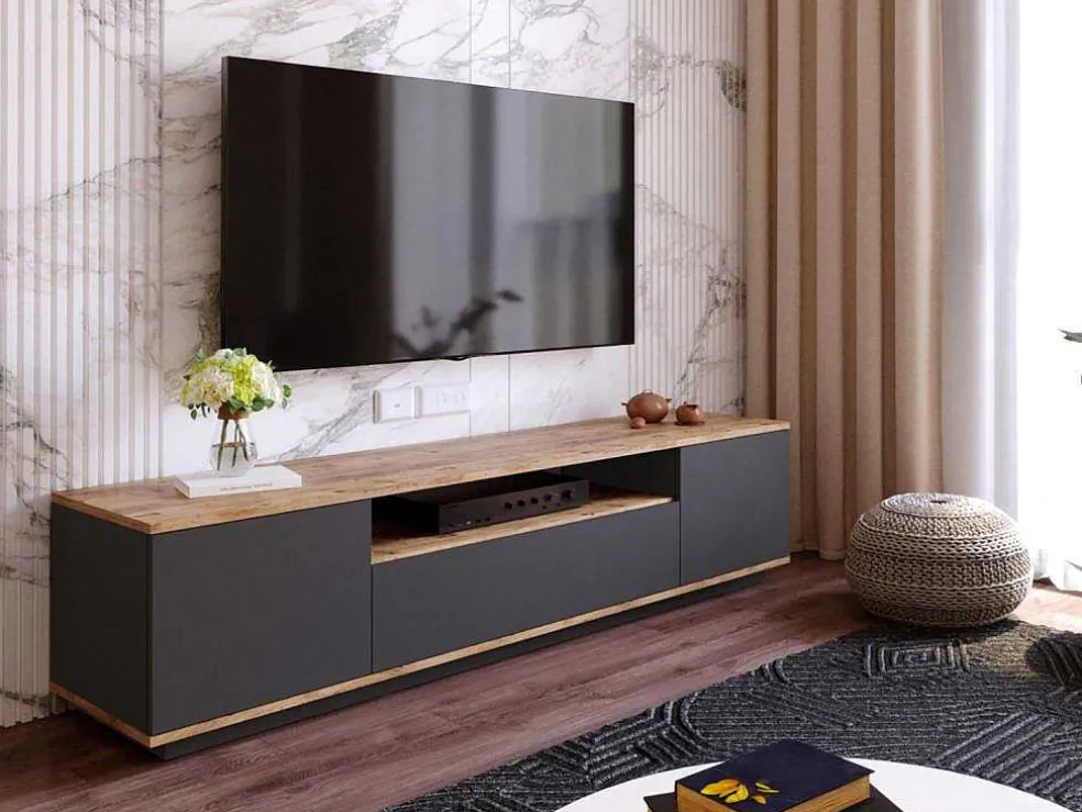 Tv-Meubel Met 3 Deuren En 1 Nis - Antraciet En Naturel - Lotula