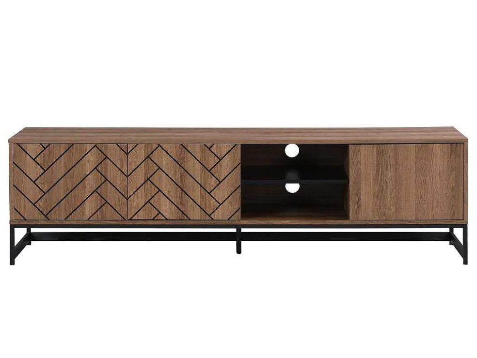 Tv-Meubel Met 3 Deuren En 2 Nissen - Mdf - Naturel En Zwart - Caratana