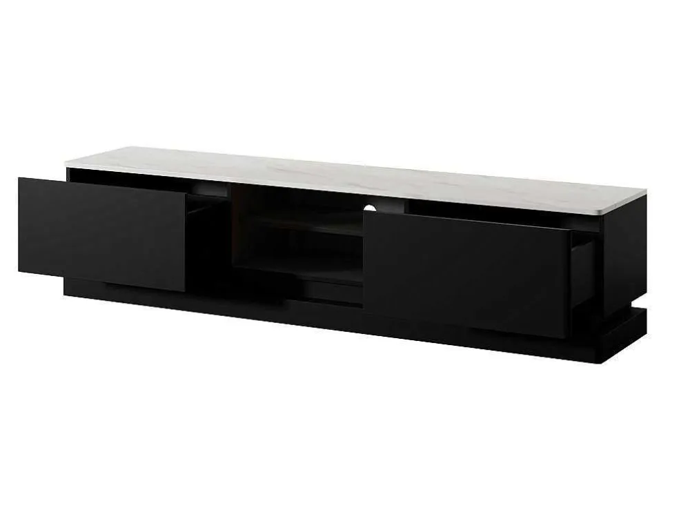 Tv-Meubel Met 2 Lades En 2 Nissen Met Ledverlichting Van Mdf - Zwart Met Wit Marmereffect - Devika - Van Pascal Morabito