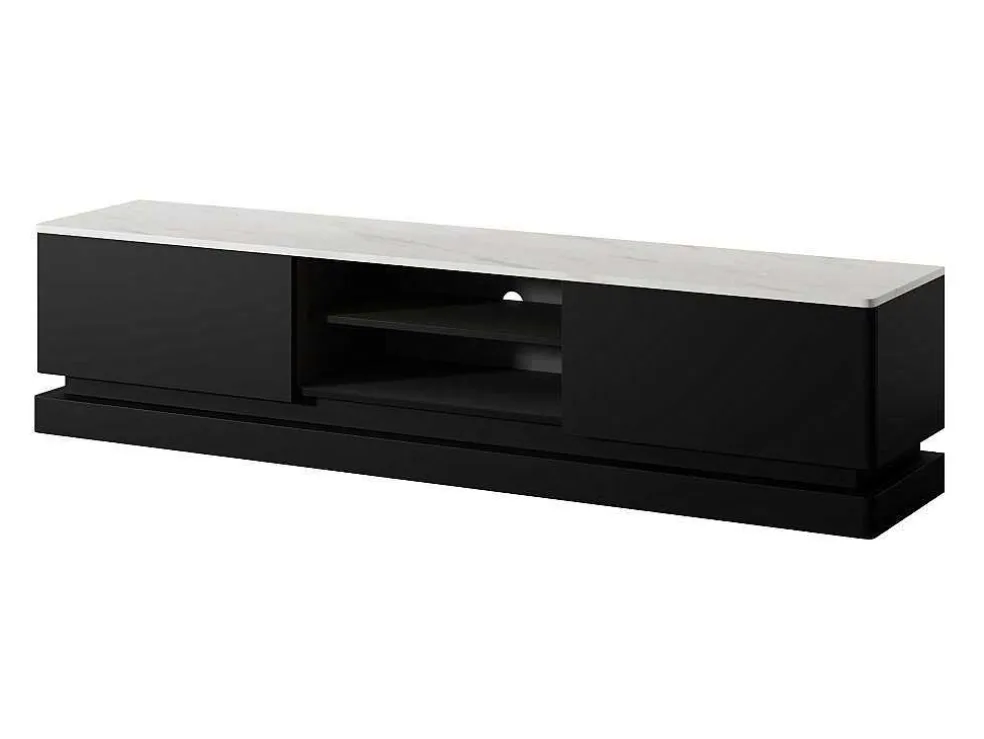 Tv-Meubel Met 2 Lades En 2 Nissen Met Ledverlichting Van Mdf - Zwart Met Wit Marmereffect - Devika - Van Pascal Morabito