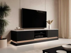 Tv-Meubel Met 2 Lades En 2 Nissen Met Ledverlichting Van Mdf - Zwart Met Wit Marmereffect - Devika - Van Pascal Morabito