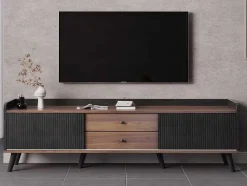 Tv-Meubel Met 2 Lades En 2 Schuifdeuren - Moderne Stijl - Kleuren: Zwart En Naturel