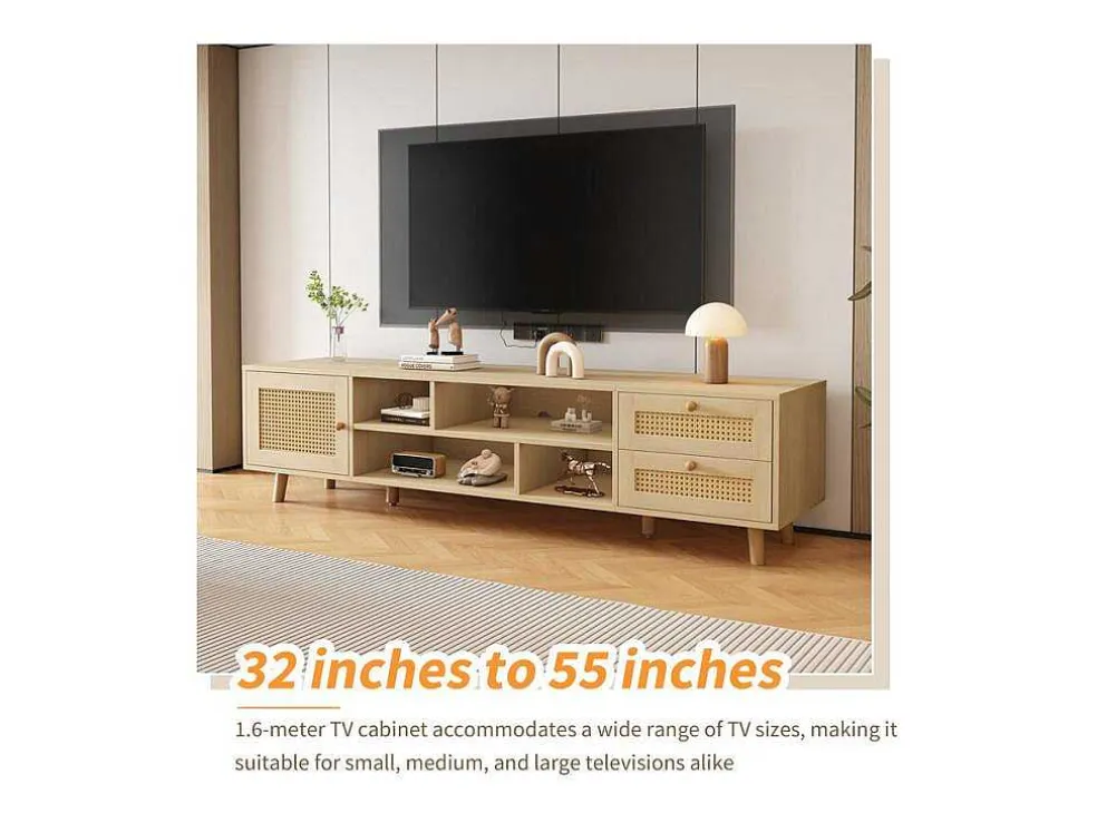 Tv-Meubel Van 160 Cm - 1 Deur, 2 Laden En 4 Vakken - Naturel
