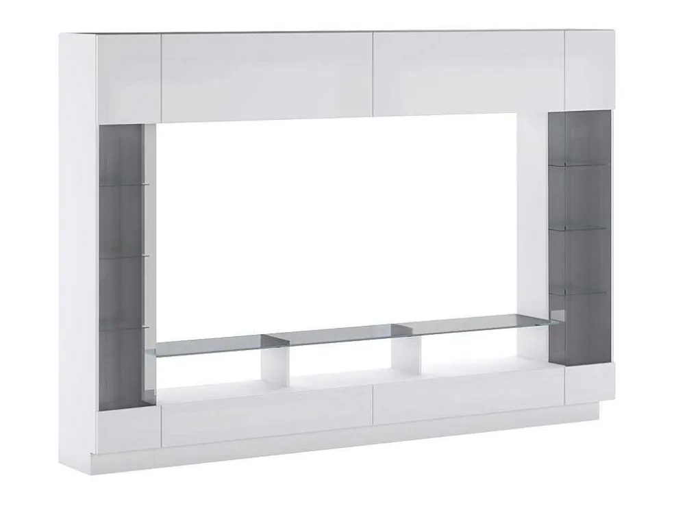 Tv-Wand Met Opbergruimte En Ledverlichting Van Gerookt Gehard Glas - Wit Gelakt - Briano
