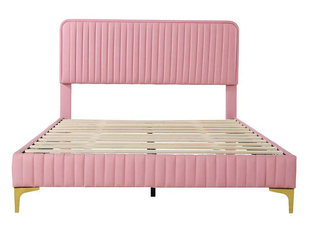 Tweepersoonsbed Gestoffeerd In Kunstleer 140X200Cm - In Hoogte Verstelbaar Hoofdbord - Met Lattenbodem - Roze (Zonder Matras)