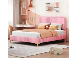 Tweepersoonsbed Gestoffeerd In Kunstleer 140X200Cm - In Hoogte Verstelbaar Hoofdbord - Met Lattenbodem - Roze (Zonder Matras)