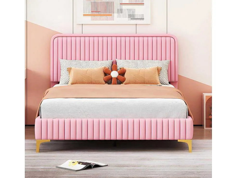Tweepersoonsbed Gestoffeerd In Kunstleer 140X200Cm - In Hoogte Verstelbaar Hoofdbord - Met Lattenbodem - Roze (Zonder Matras)