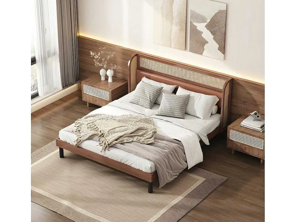 Tweepersoonsbed 160X200Cm - Met Kunstleer En Pvc Rotan Kussens - Met Houten Lattenbodem - Bruin