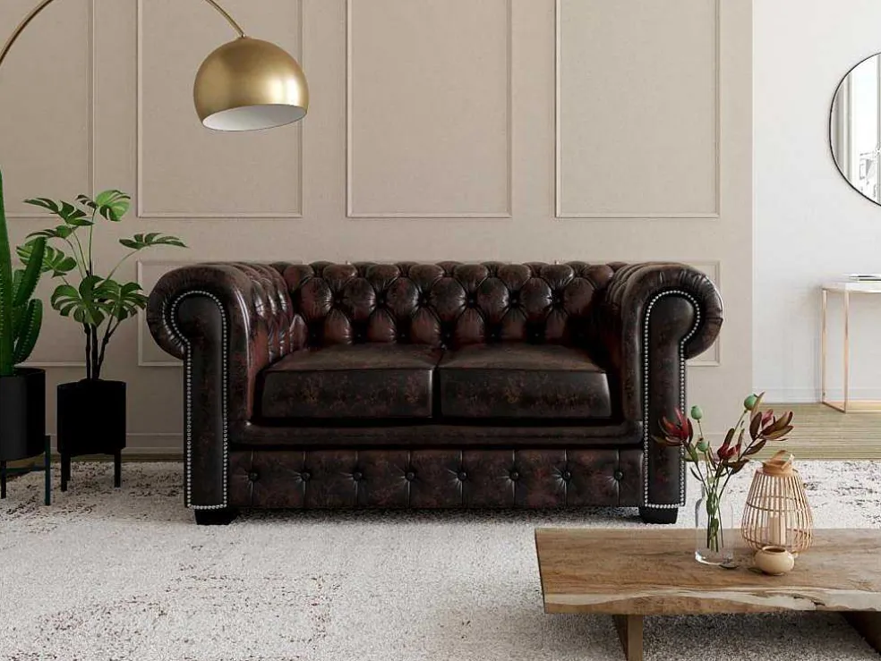 Tweezitsbank Chesterfield Brenton 100% Buffelleer - Bruin Tinten