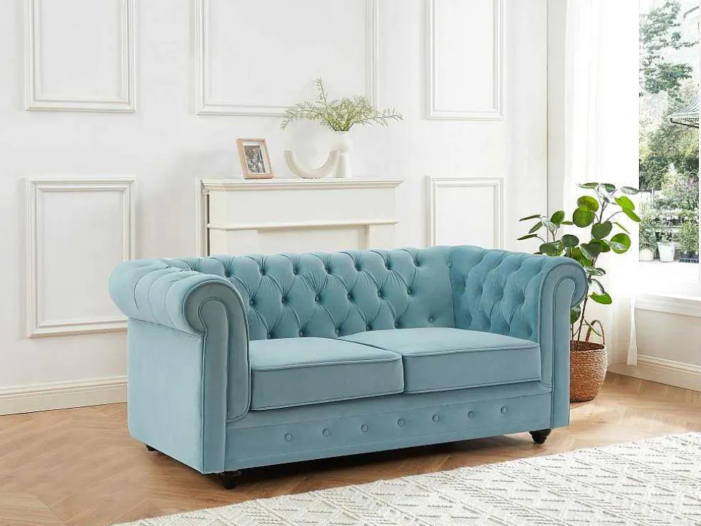 Tweezitsbank Van Pastelblauw Velours Chesterfield